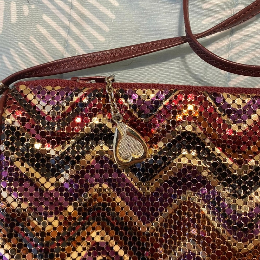 Vintage Whiting And Davis Purse Plum Metallic Leather Chevron Crossbody Bag - Picture 4 of 7